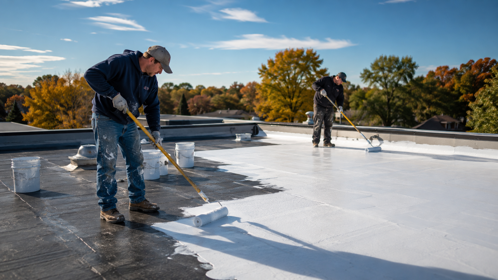 Roofing crew applying white roof coating on a commercial roof in fall