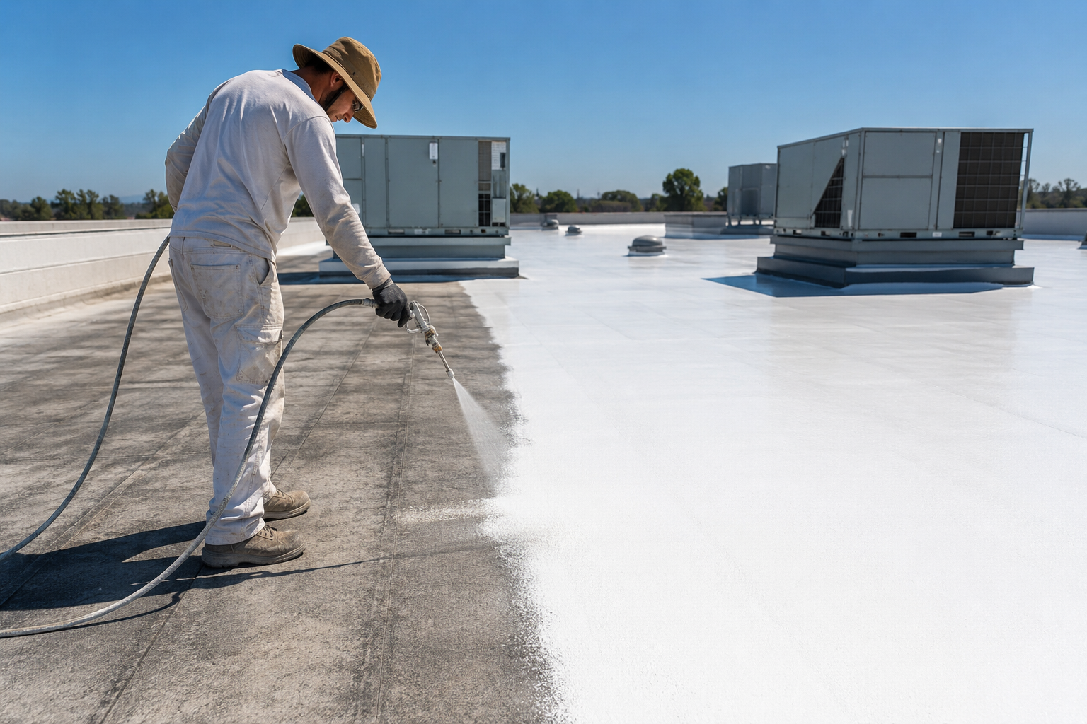 how long does roof coating last Worker spray-applying white reflective roof coating to a flat commercial roof