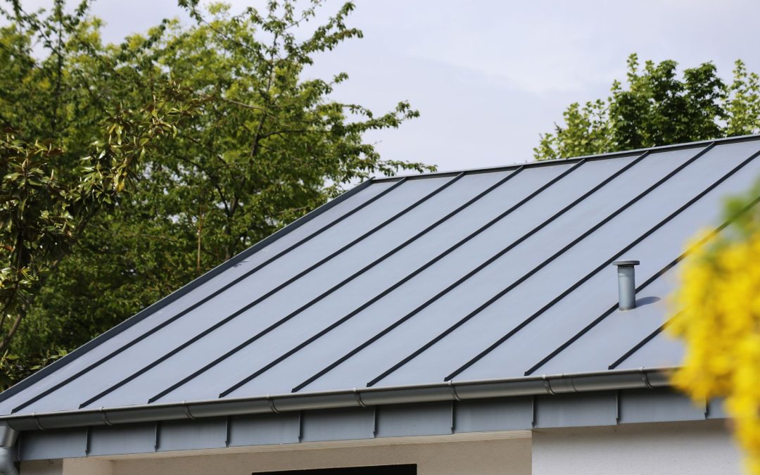 Metal roof with standing seams, surrounded by greenery, showcasing durability and modern design for commercial roofing solutions in Lincoln, NE.